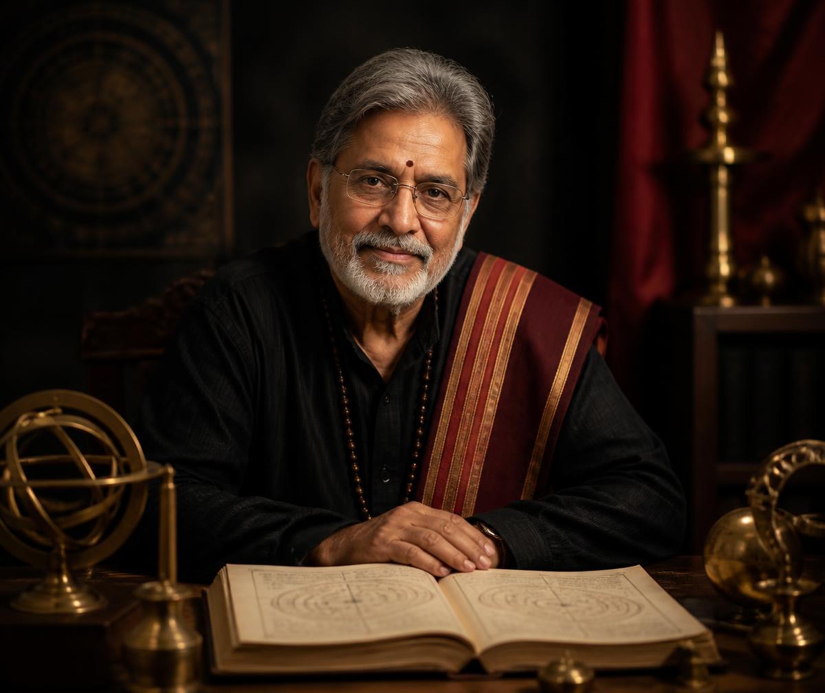 An astrologer at his desk with traditional charts and instruments